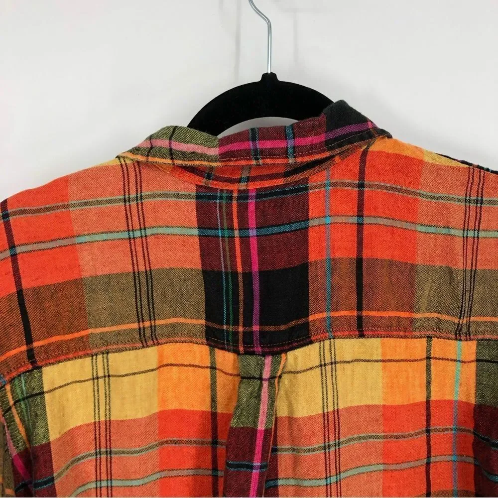 Vtg Chico’s Shirt Womens Large 100% Linen‎ Orange Plaid Button Front 3/4 Sleeve